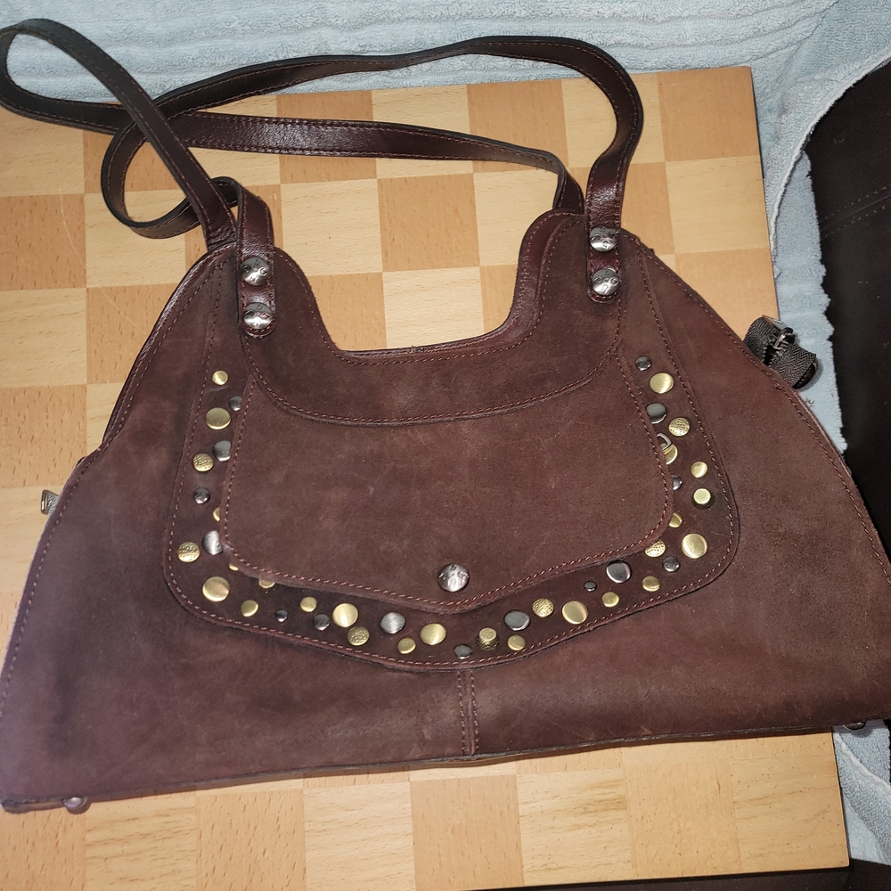 Stud-Accent Brown Suede Shoulder Bag
